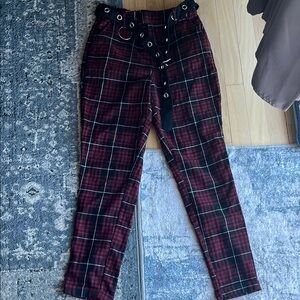 Plaid High-Waisted Pants with Belt